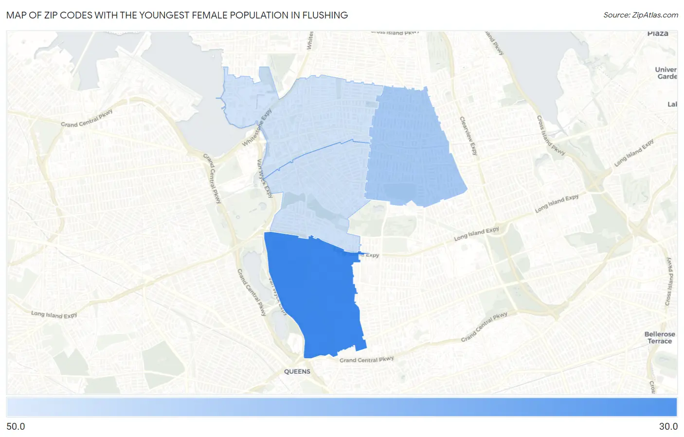 Zip Codes with the Youngest Female Population in Flushing Map