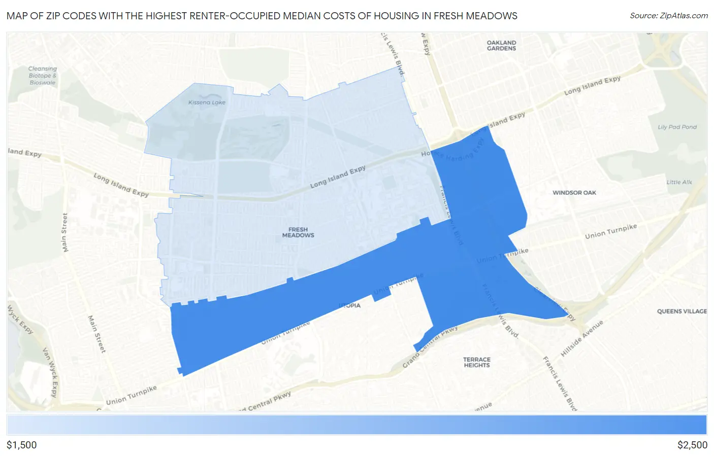 Zip Codes with the Highest Renter-Occupied Median Costs of Housing in Fresh Meadows Map