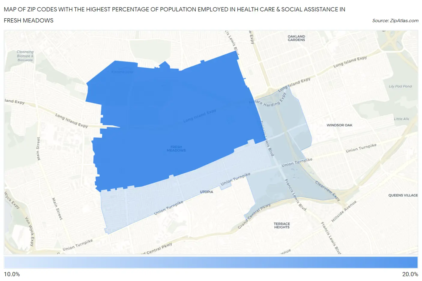 Zip Codes with the Highest Percentage of Population Employed in Health Care & Social Assistance in Fresh Meadows Map