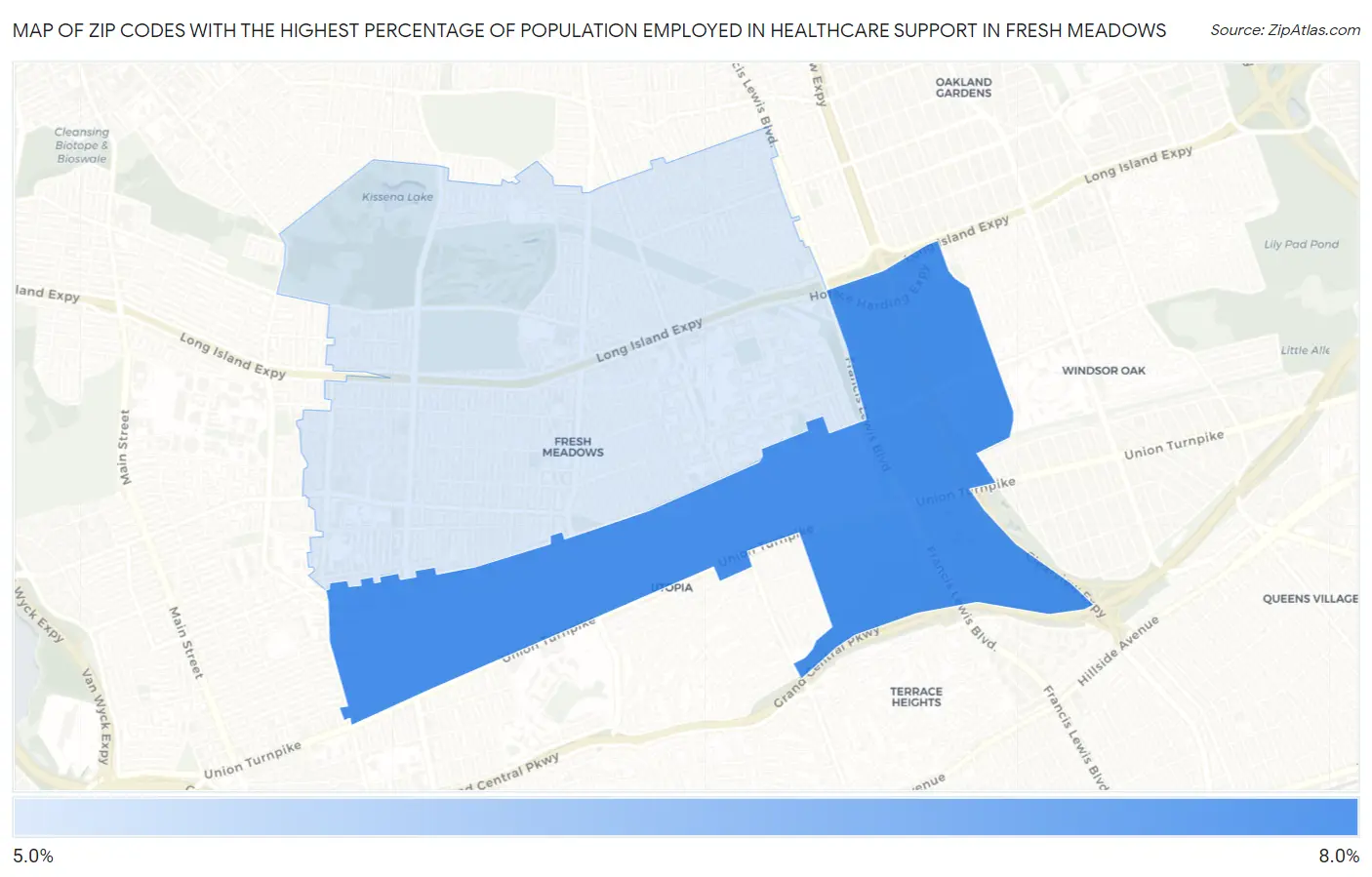 Zip Codes with the Highest Percentage of Population Employed in Healthcare Support in Fresh Meadows Map