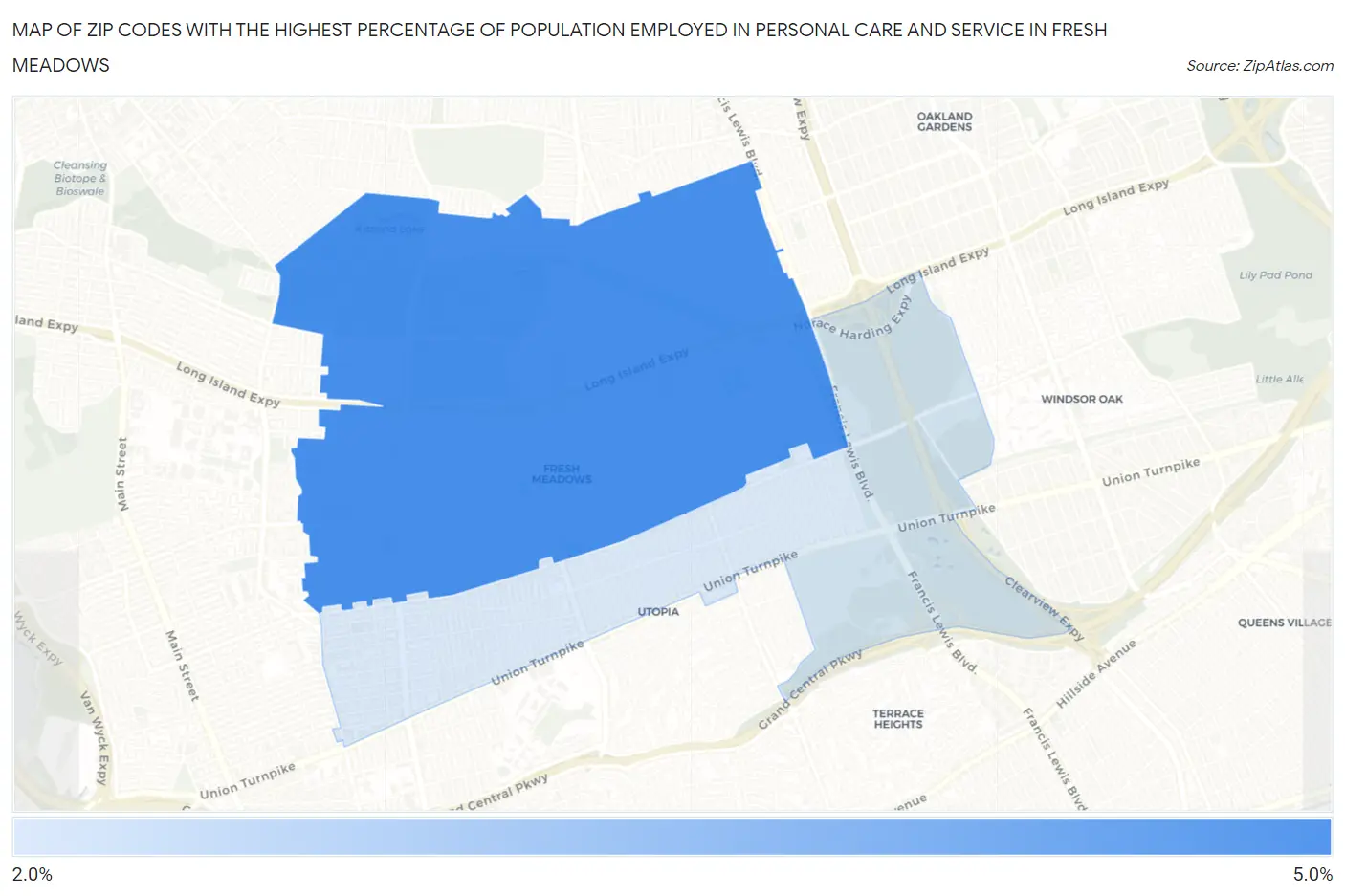 Zip Codes with the Highest Percentage of Population Employed in Personal Care and Service in Fresh Meadows Map
