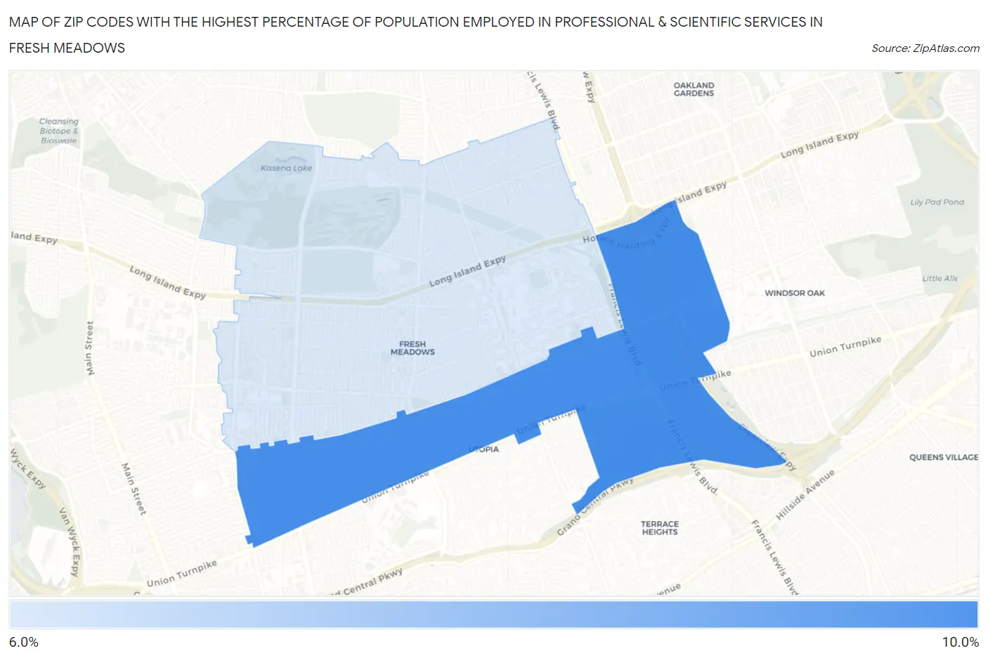 Zip Codes with the Highest Percentage of Population Employed in Professional & Scientific Services in Fresh Meadows Map