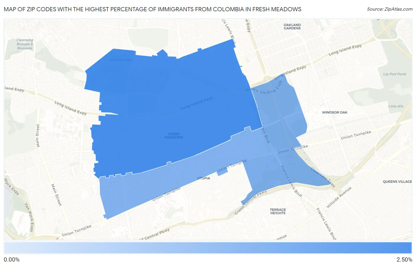 Zip Codes with the Highest Percentage of Immigrants from Colombia in Fresh Meadows Map