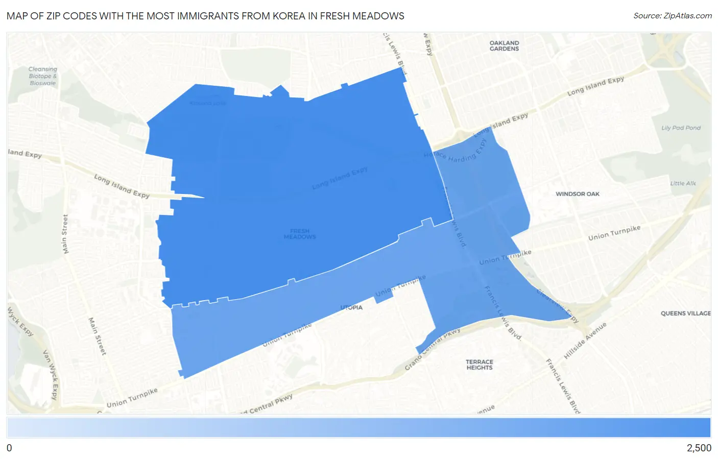 Zip Codes with the Most Immigrants from Korea in Fresh Meadows Map