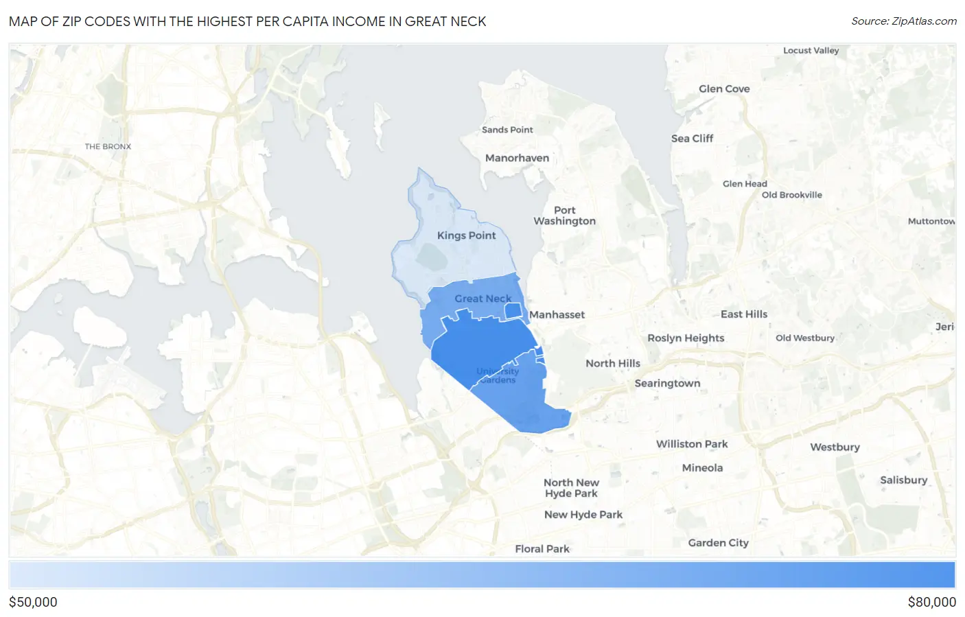 Zip Codes with the Highest Per Capita Income in Great Neck Map
