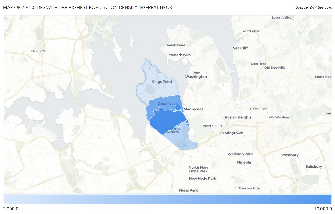 Zip Codes with the Highest Population Density in Great Neck Map