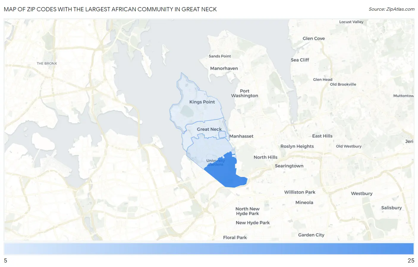 Zip Codes with the Largest African Community in Great Neck Map