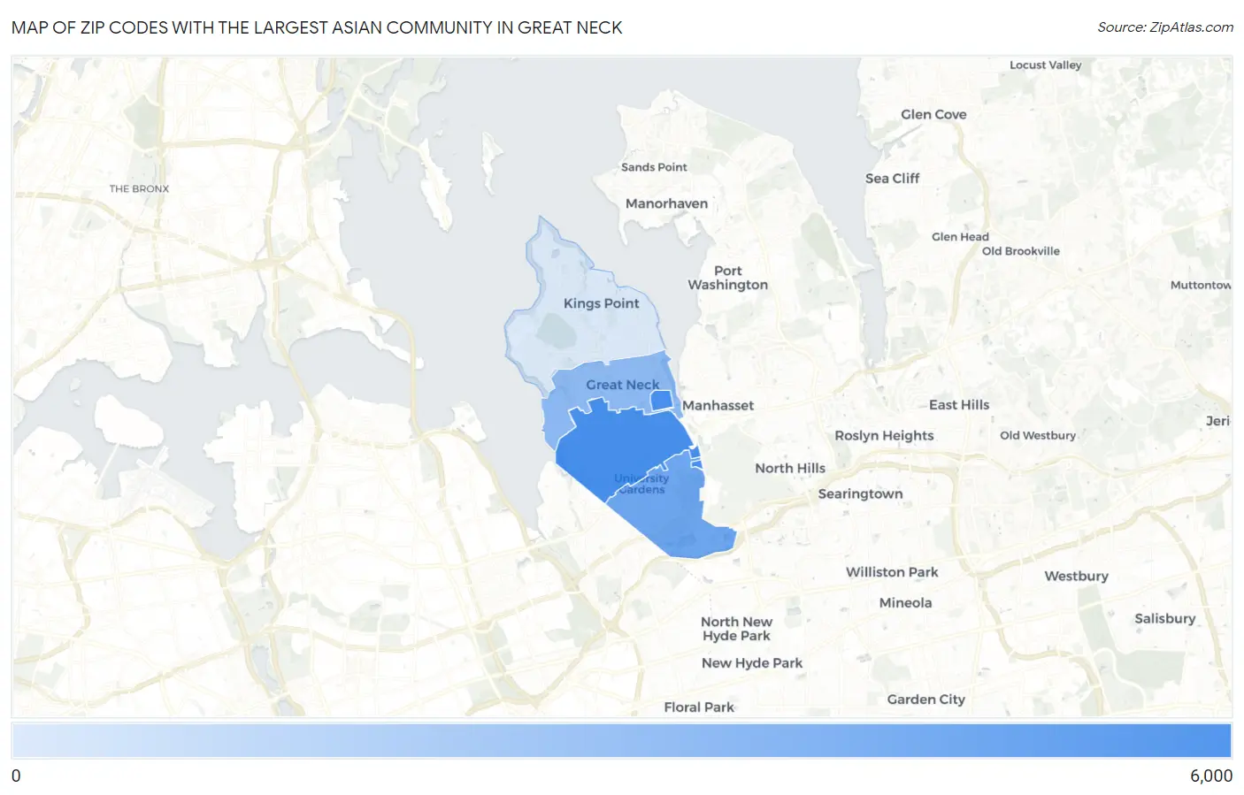 Zip Codes with the Largest Asian Community in Great Neck Map