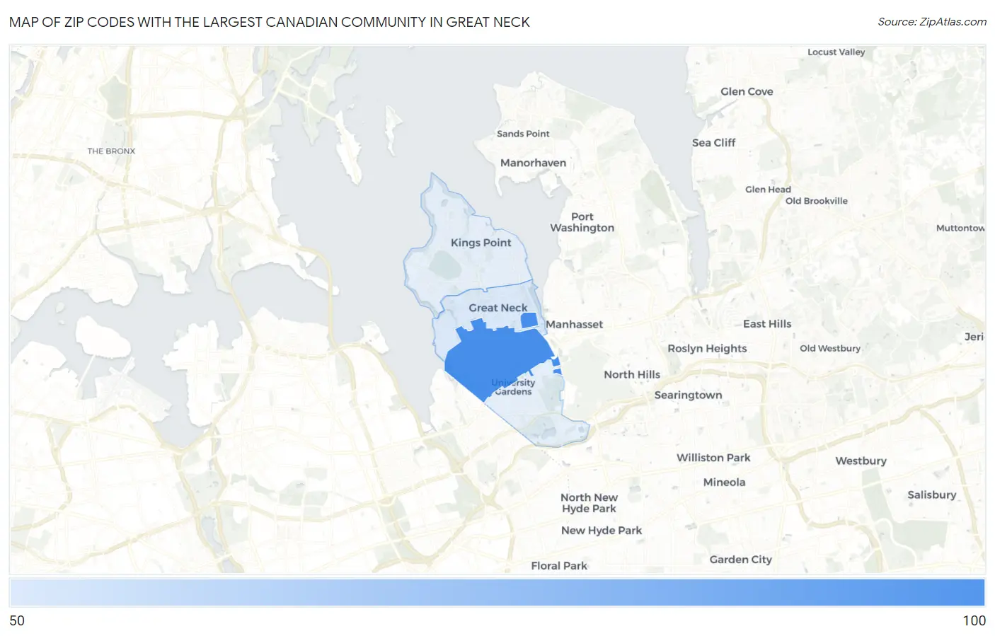 Zip Codes with the Largest Canadian Community in Great Neck Map