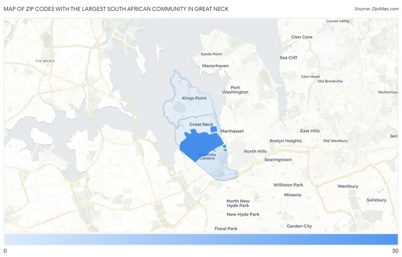 Zip Codes with the Largest South African Community in Great Neck Map