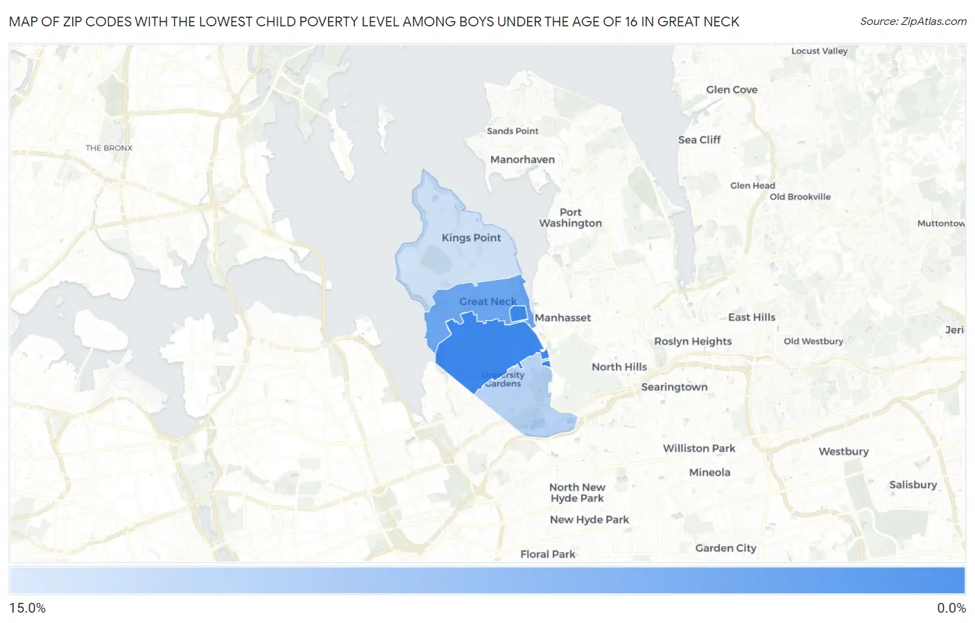 Zip Codes with the Lowest Child Poverty Level Among Boys Under the Age of 16 in Great Neck Map