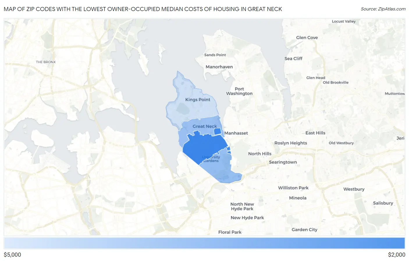 Zip Codes with the Lowest Owner-Occupied Median Costs of Housing in Great Neck Map