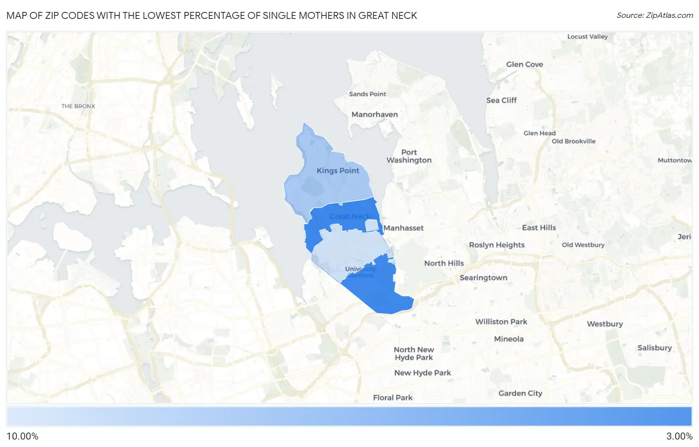 Zip Codes with the Lowest Percentage of Single Mothers in Great Neck Map