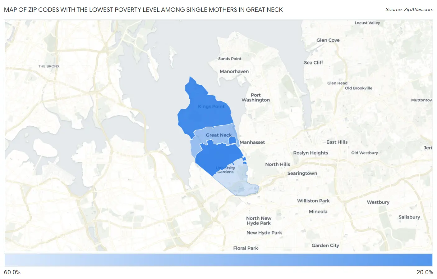 Zip Codes with the Lowest Poverty Level Among Single Mothers in Great Neck Map