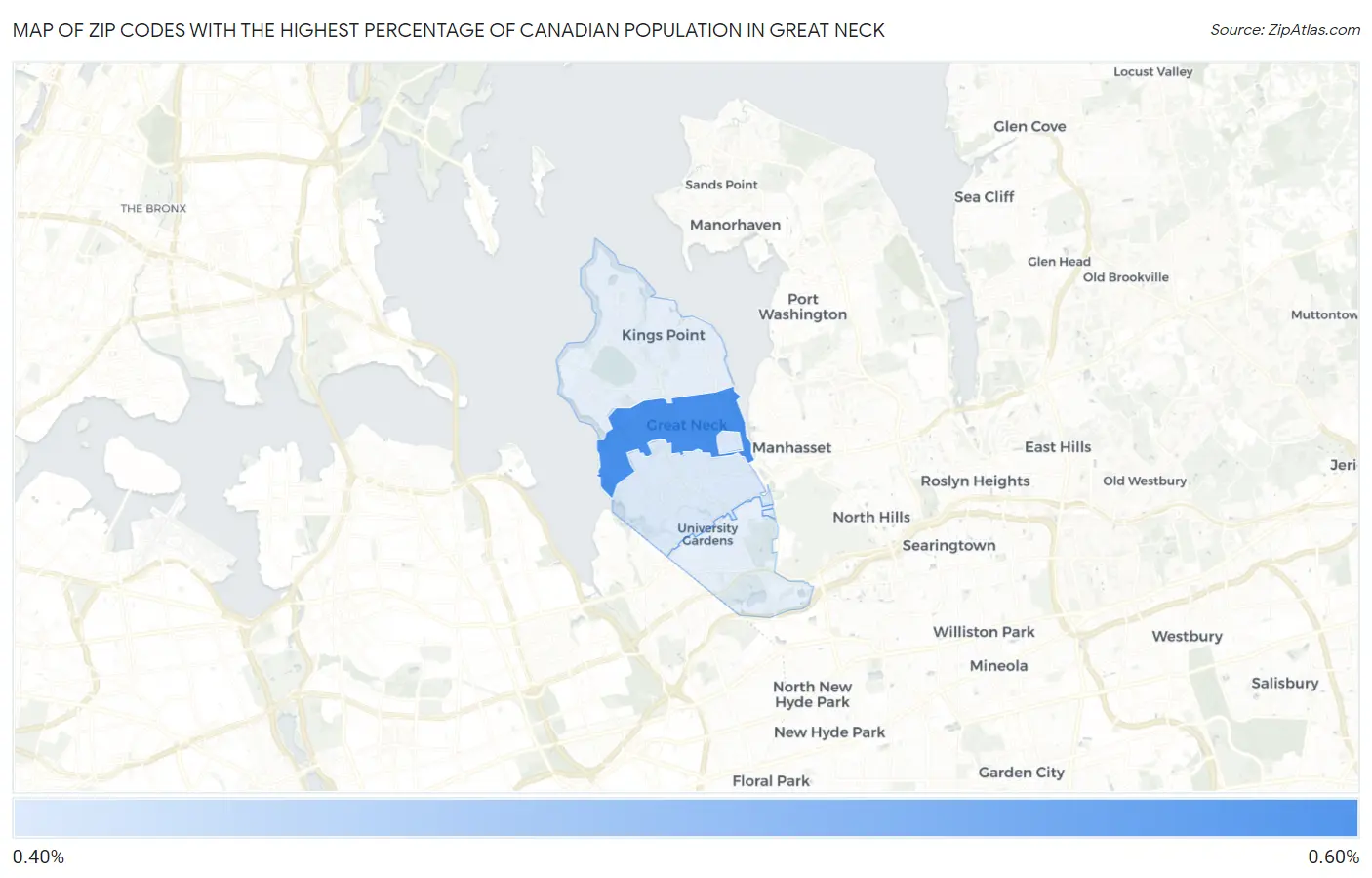 Zip Codes with the Highest Percentage of Canadian Population in Great Neck Map