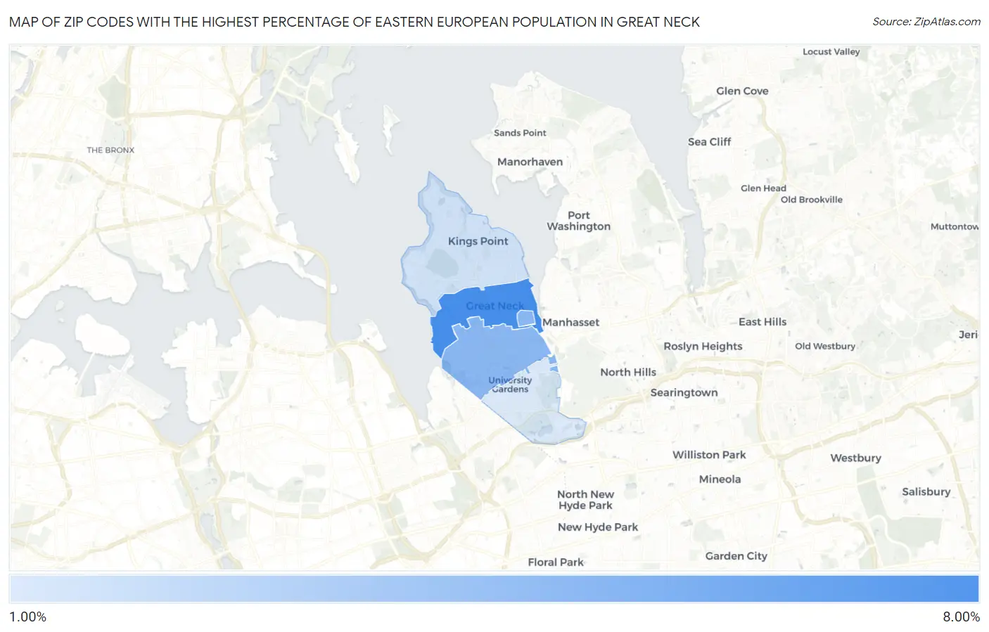 Zip Codes with the Highest Percentage of Eastern European Population in Great Neck Map