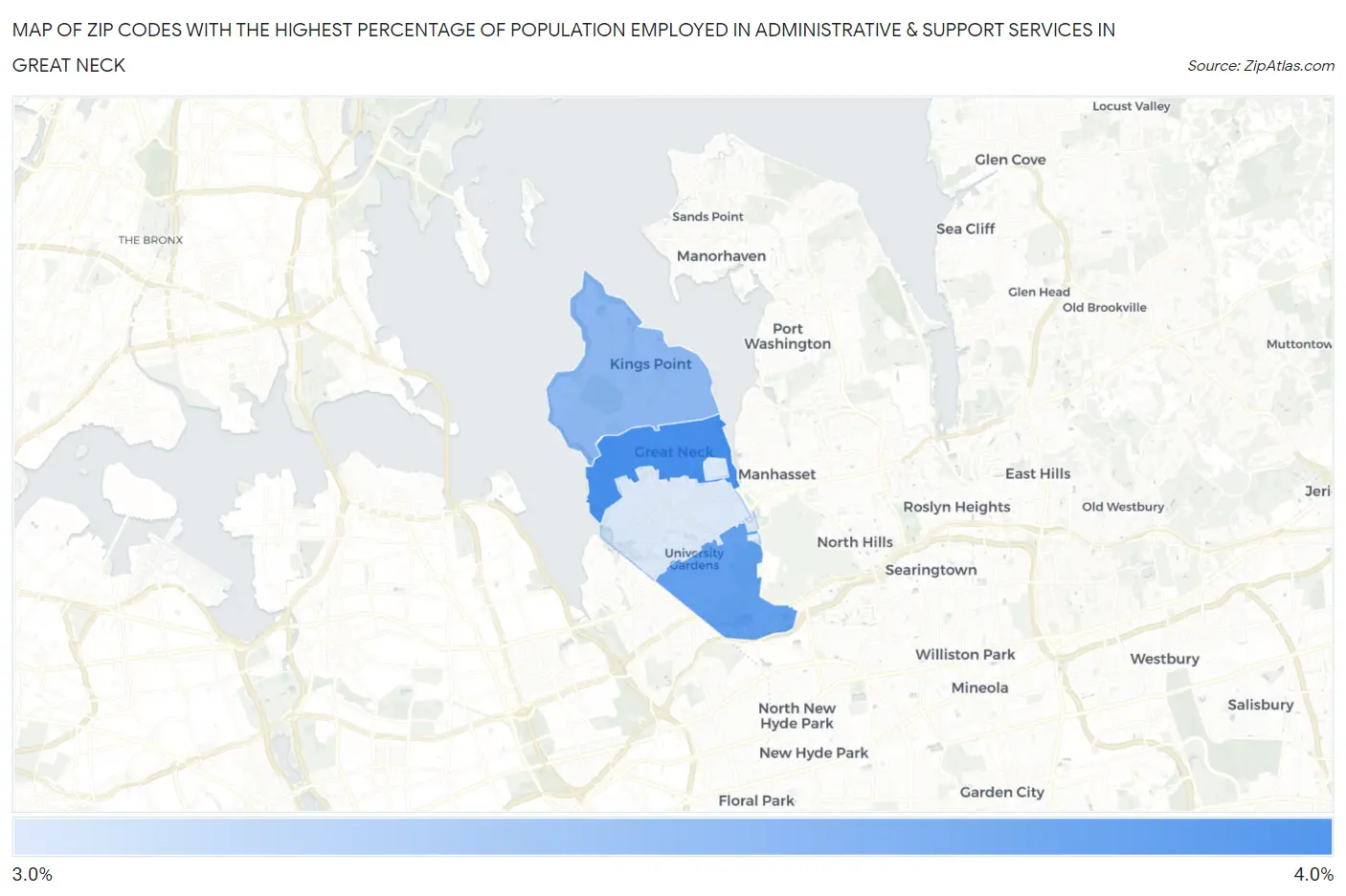 Zip Codes with the Highest Percentage of Population Employed in Administrative & Support Services in Great Neck Map
