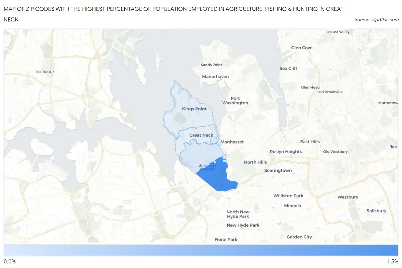 Zip Codes with the Highest Percentage of Population Employed in Agriculture, Fishing & Hunting in Great Neck Map