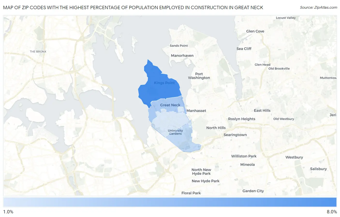 Zip Codes with the Highest Percentage of Population Employed in Construction in Great Neck Map