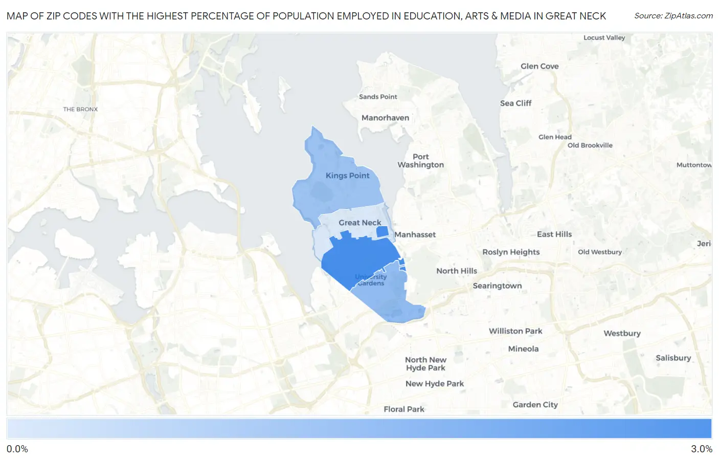 Zip Codes with the Highest Percentage of Population Employed in Education, Arts & Media in Great Neck Map