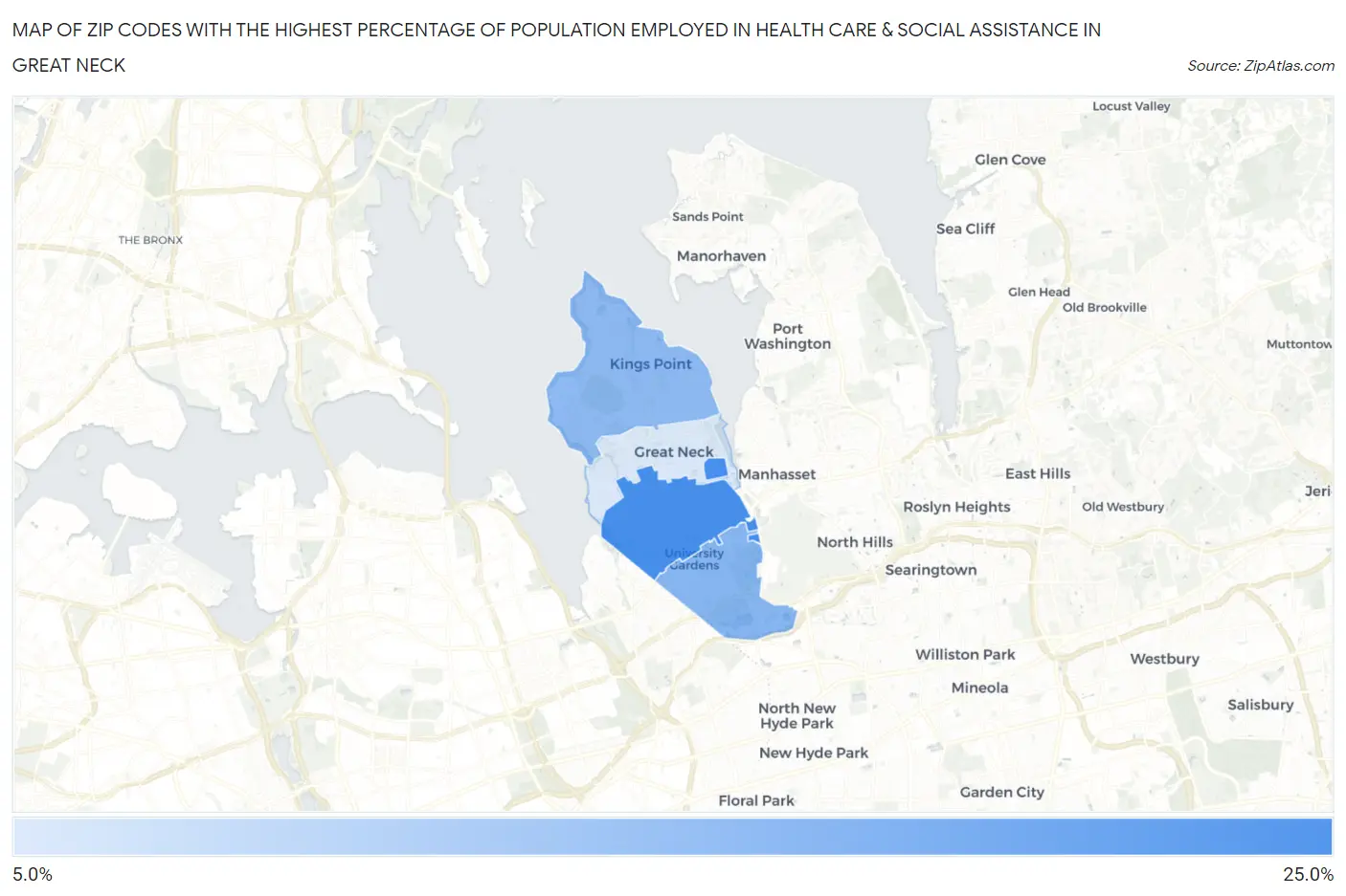 Zip Codes with the Highest Percentage of Population Employed in Health Care & Social Assistance in Great Neck Map