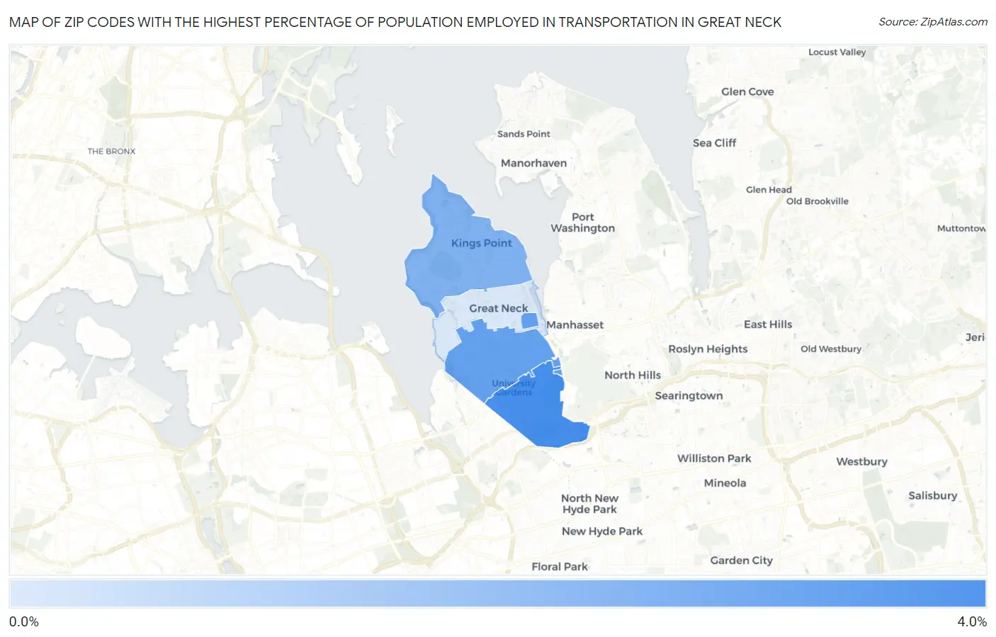 Zip Codes with the Highest Percentage of Population Employed in Transportation in Great Neck Map