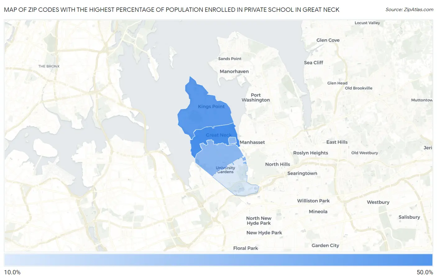 Zip Codes with the Highest Percentage of Population Enrolled in Private School in Great Neck Map