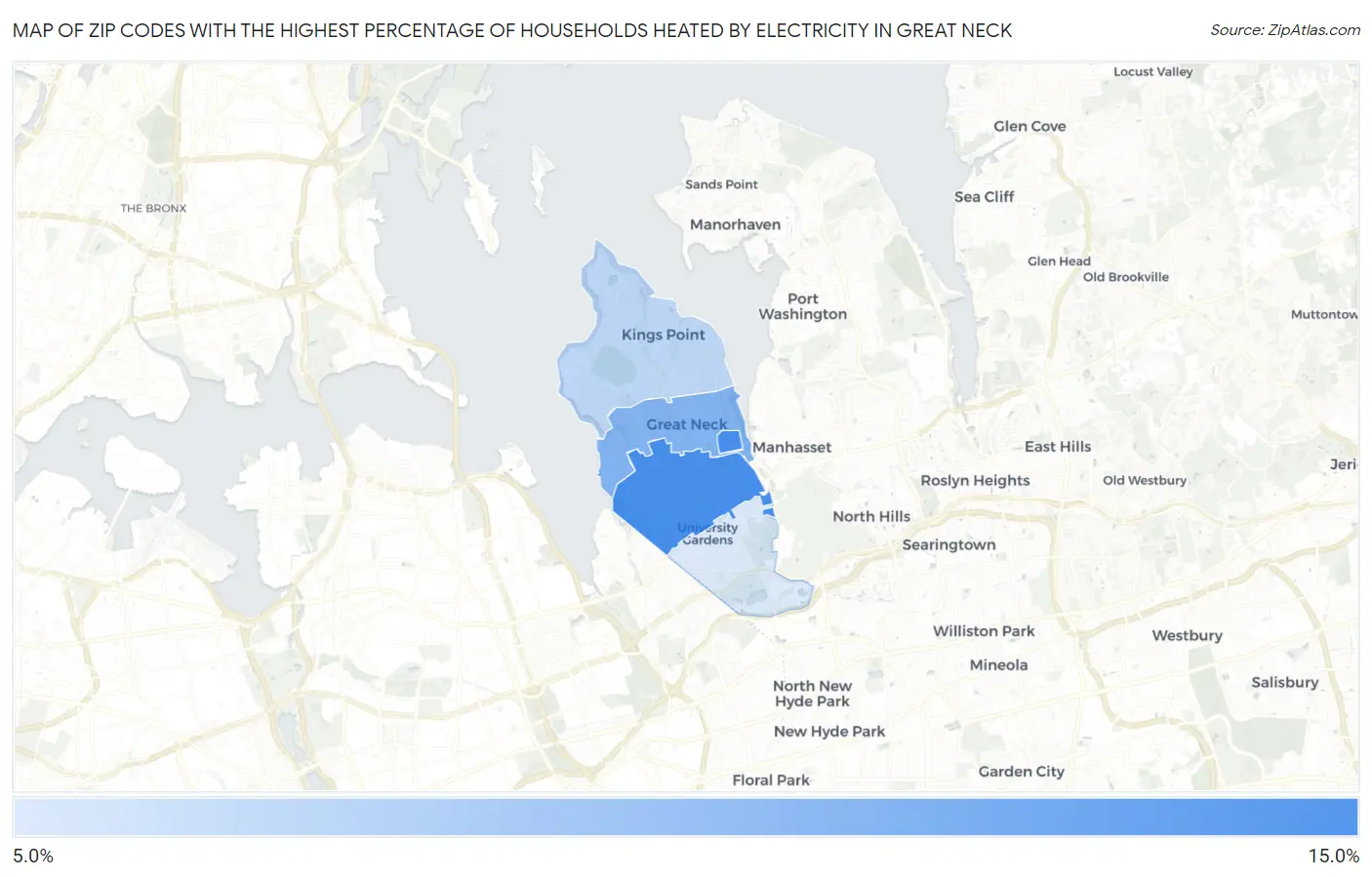 Zip Codes with the Highest Percentage of Households Heated by Electricity in Great Neck Map
