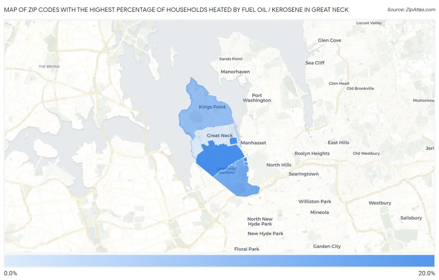 Zip Codes with the Highest Percentage of Households Heated by Fuel Oil / Kerosene in Great Neck Map