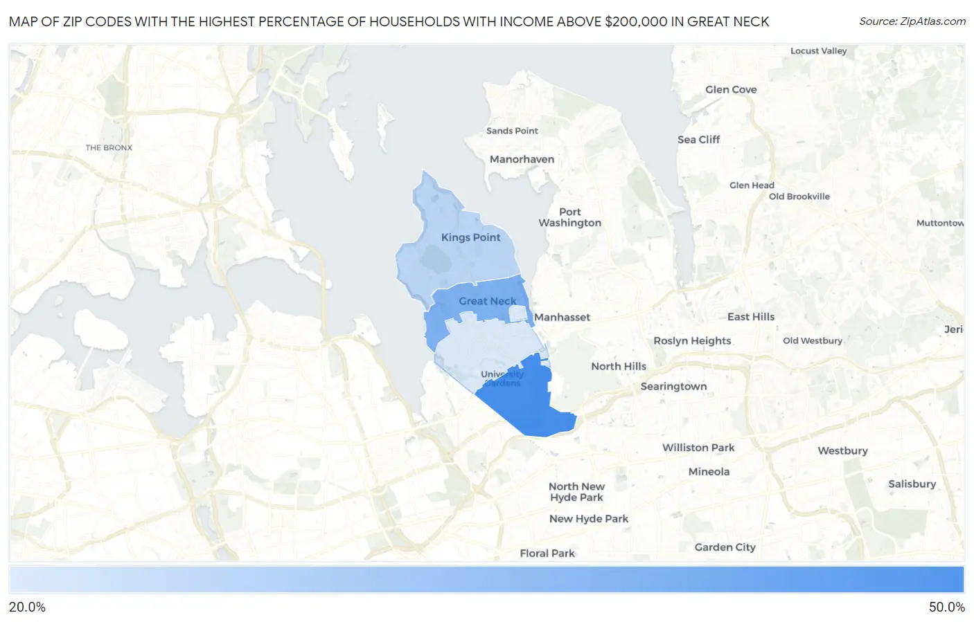 Zip Codes with the Highest Percentage of Households with Income Above $200,000 in Great Neck Map