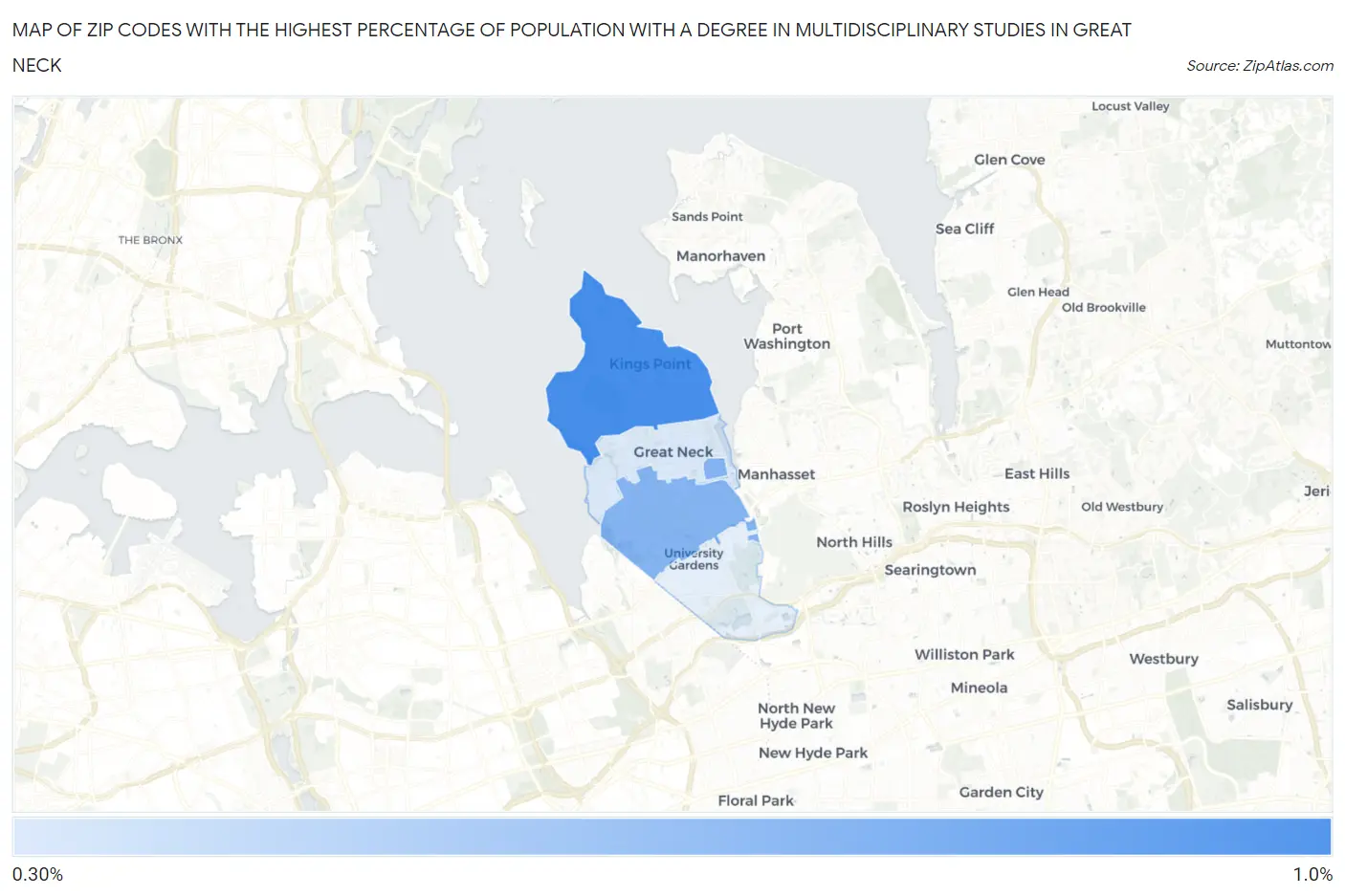 Zip Codes with the Highest Percentage of Population with a Degree in Multidisciplinary Studies in Great Neck Map