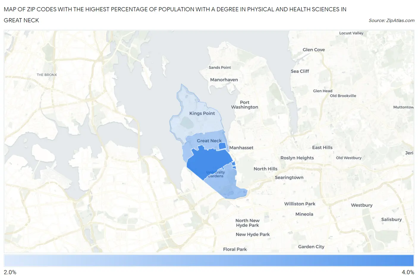 Zip Codes with the Highest Percentage of Population with a Degree in Physical and Health Sciences in Great Neck Map