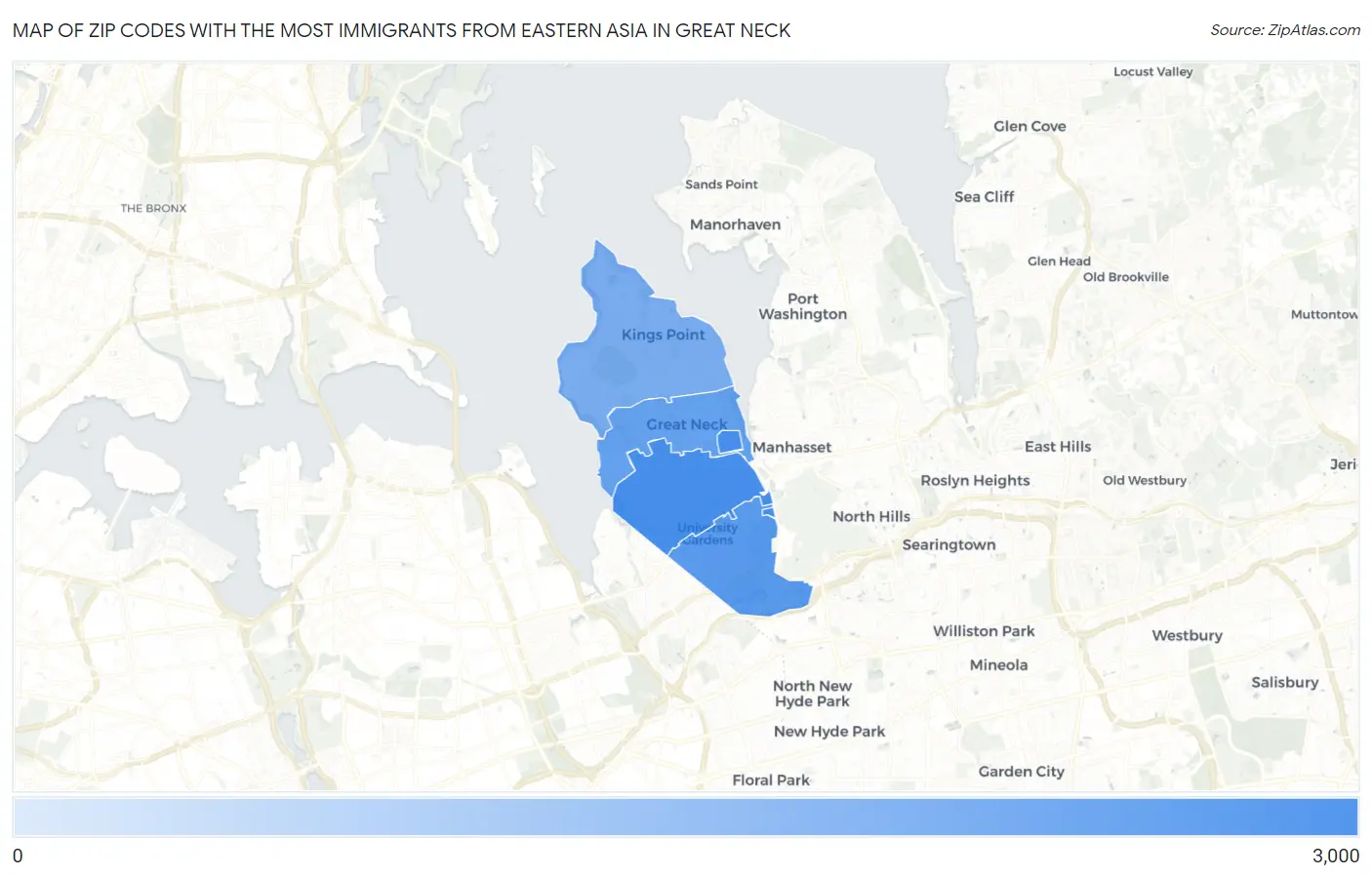 Zip Codes with the Most Immigrants from Eastern Asia in Great Neck Map