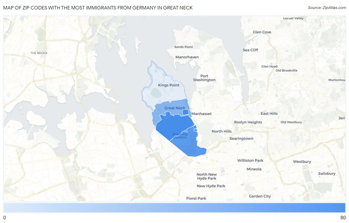 Zip Codes with the Most Immigrants from Germany in Great Neck Map