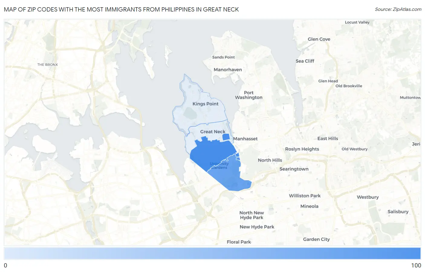 Zip Codes with the Most Immigrants from Philippines in Great Neck Map