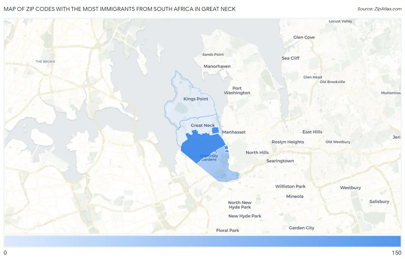 Zip Codes with the Most Immigrants from South Africa in Great Neck Map