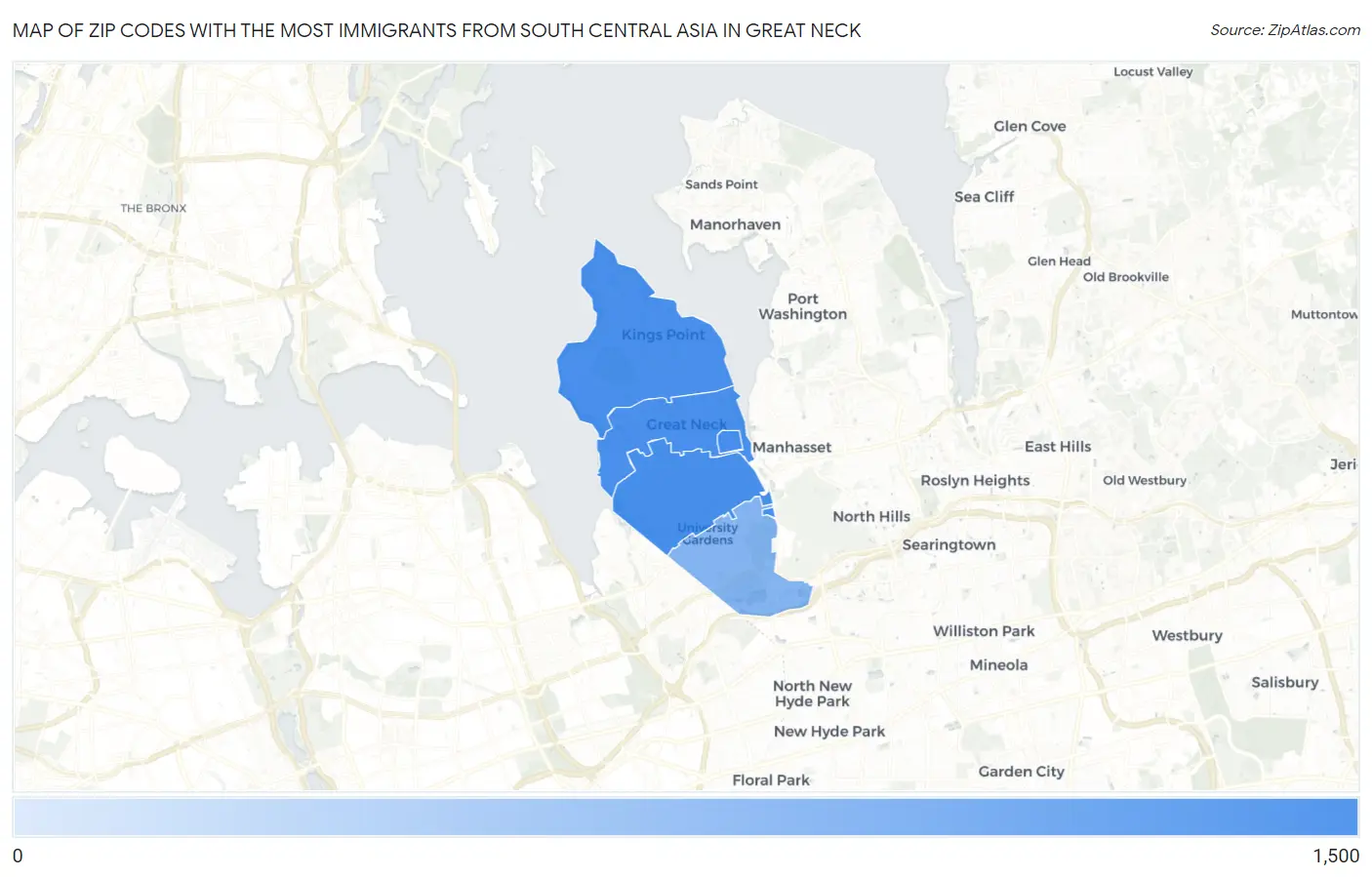 Zip Codes with the Most Immigrants from South Central Asia in Great Neck Map