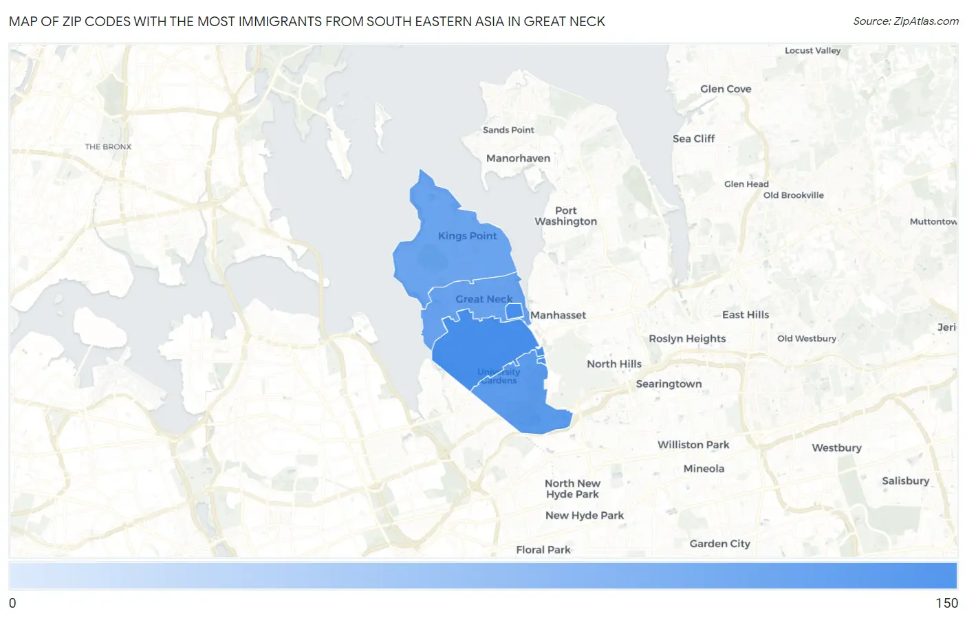 Zip Codes with the Most Immigrants from South Eastern Asia in Great Neck Map