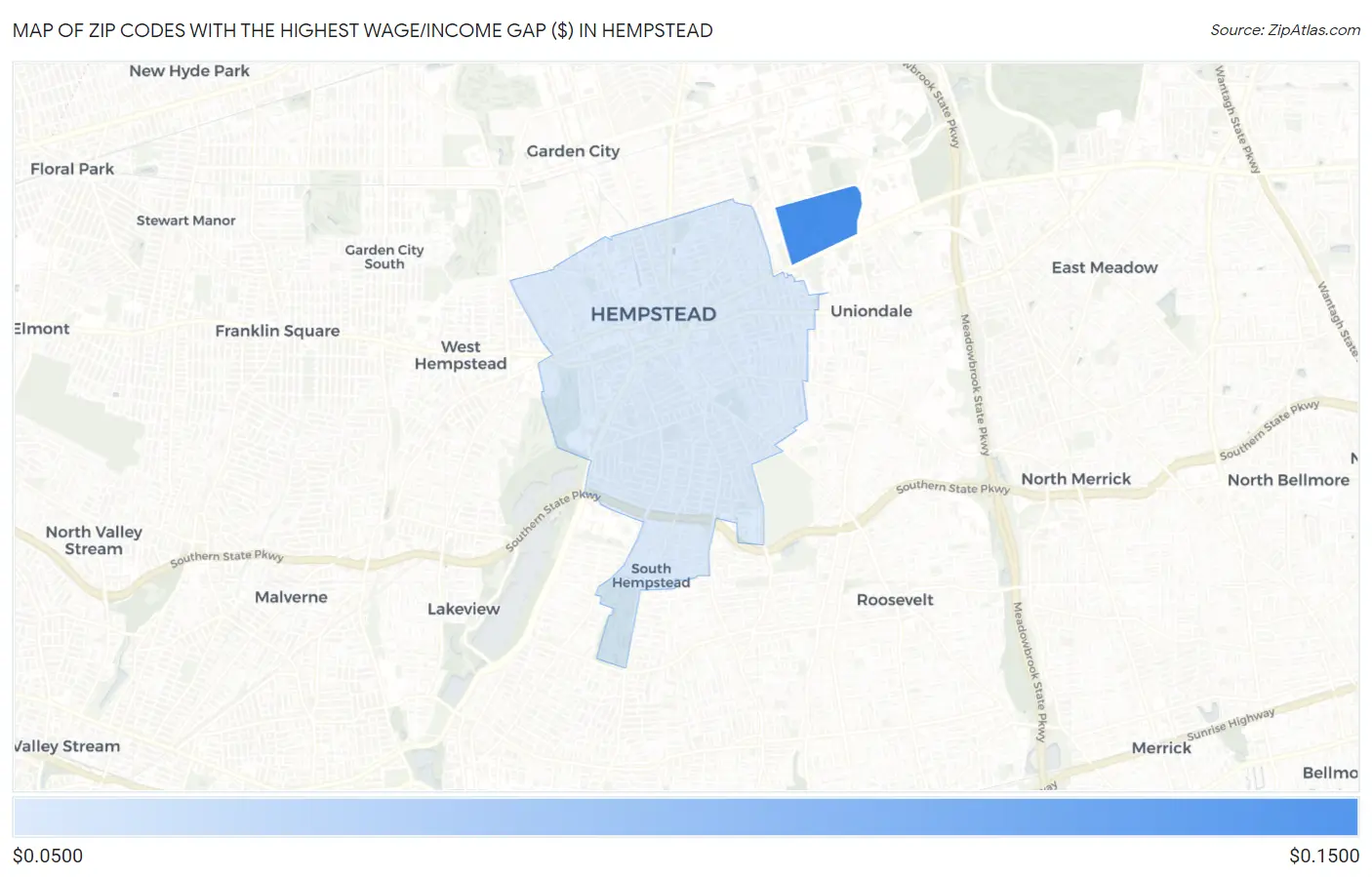 Zip Codes with the Highest Wage/Income Gap ($) in Hempstead Map