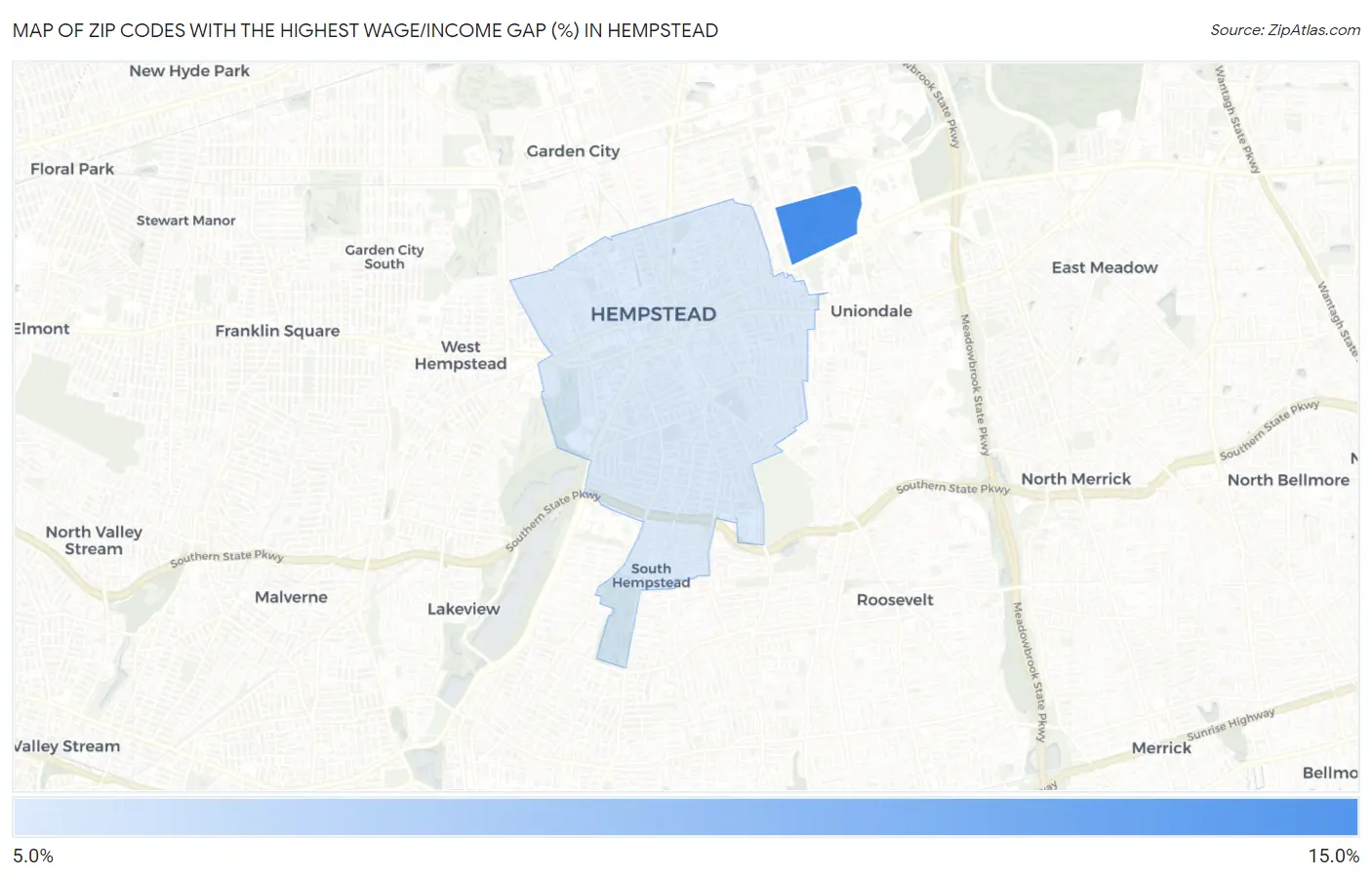 Zip Codes with the Highest Wage/Income Gap (%) in Hempstead Map
