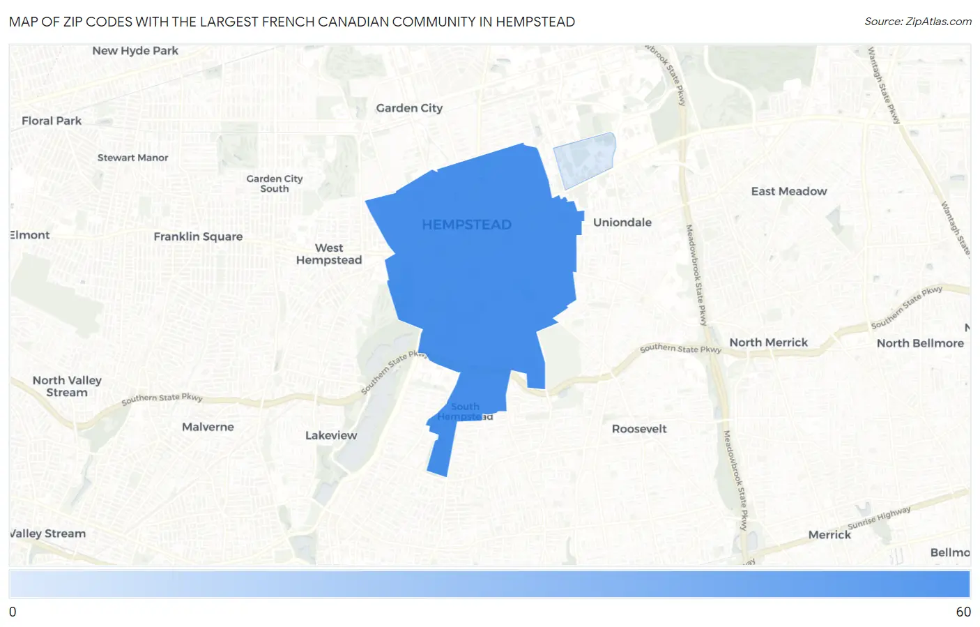 Zip Codes with the Largest French Canadian Community in Hempstead Map