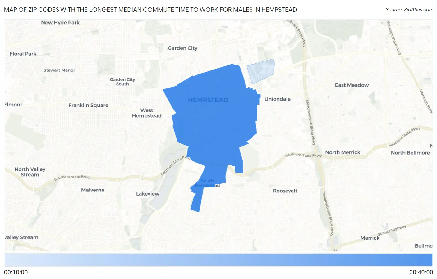 Zip Codes with the Longest Median Commute Time to Work for Males in Hempstead Map