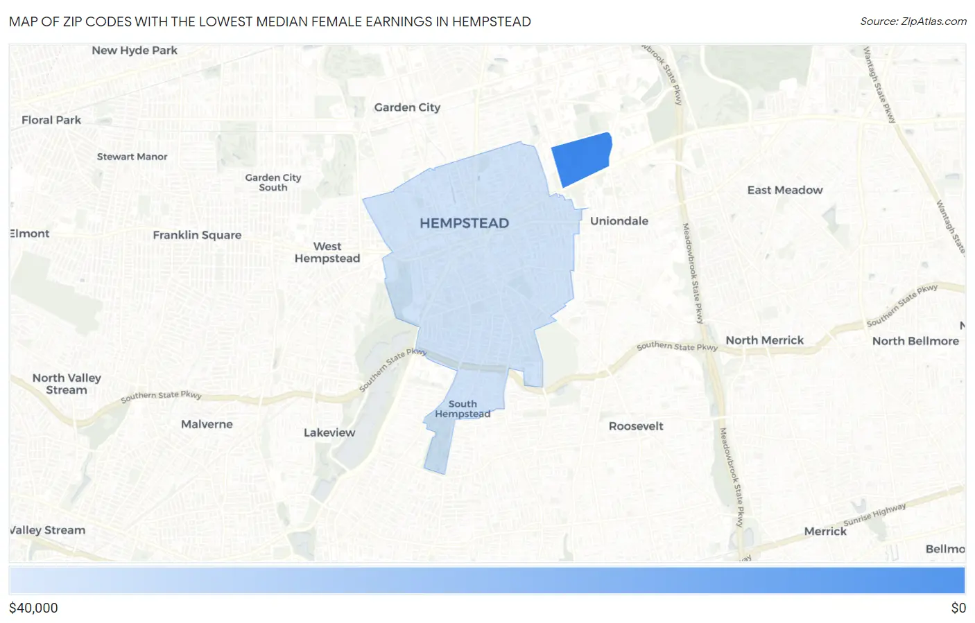 Zip Codes with the Lowest Median Female Earnings in Hempstead Map