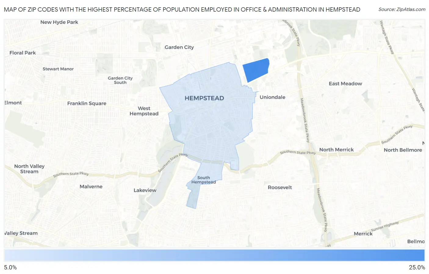 Zip Codes with the Highest Percentage of Population Employed in Office & Administration in Hempstead Map