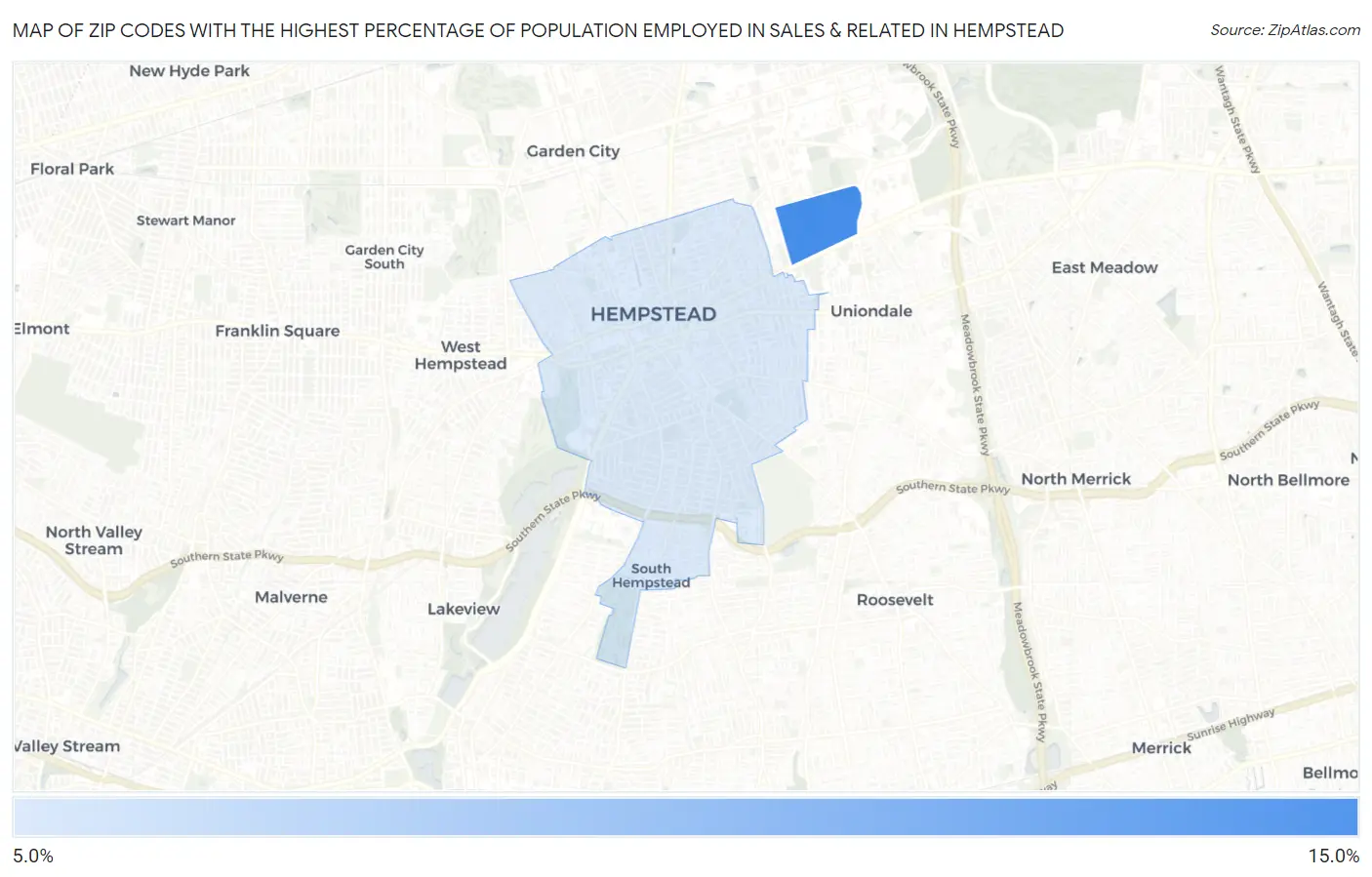 Zip Codes with the Highest Percentage of Population Employed in Sales & Related in Hempstead Map