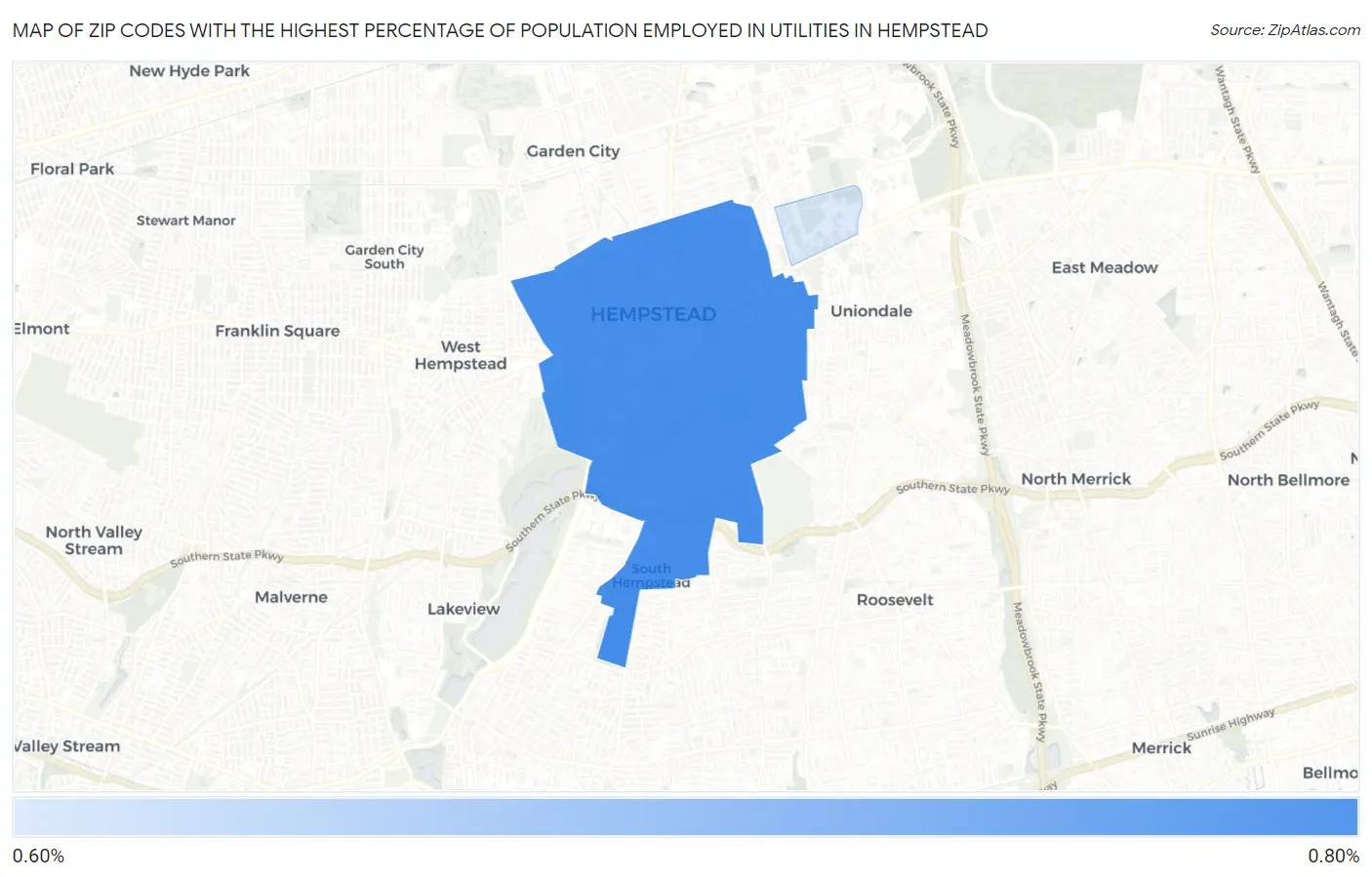 Zip Codes with the Highest Percentage of Population Employed in Utilities in Hempstead Map