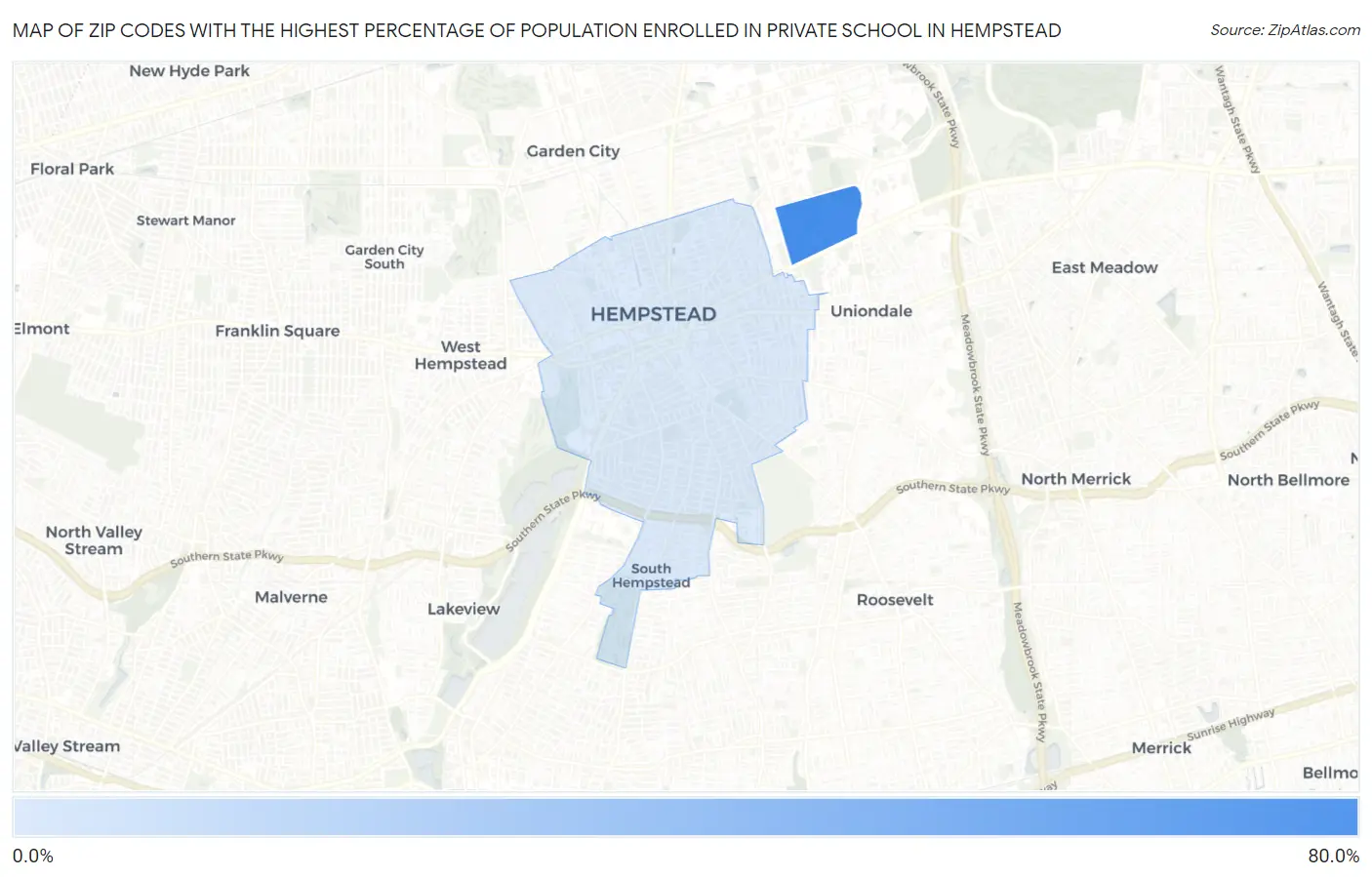 Zip Codes with the Highest Percentage of Population Enrolled in Private School in Hempstead Map