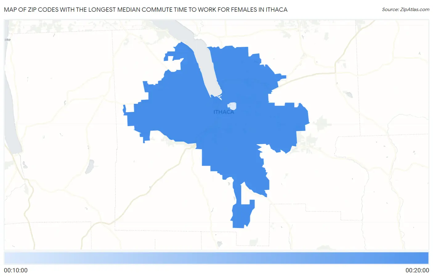 Zip Codes with the Longest Median Commute Time to Work for Females in Ithaca Map