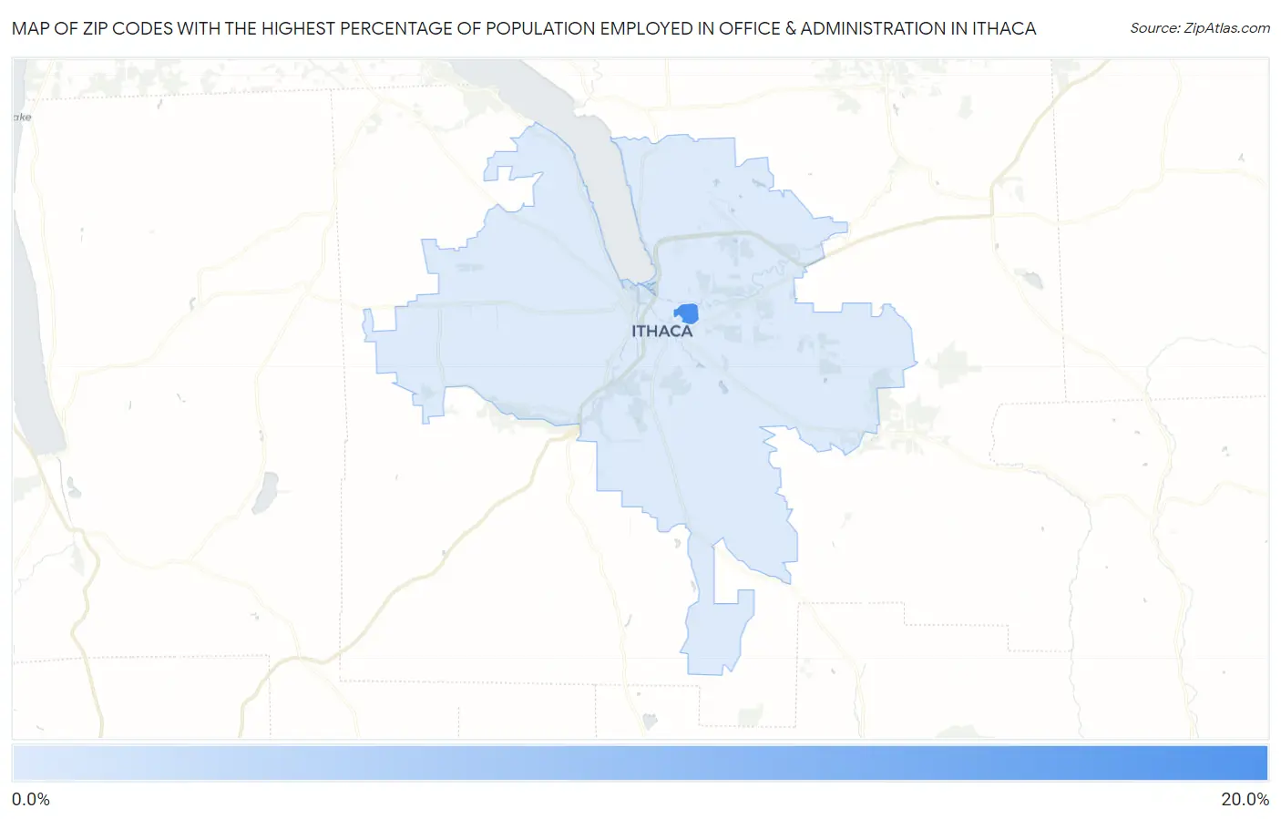 Zip Codes with the Highest Percentage of Population Employed in Office & Administration in Ithaca Map