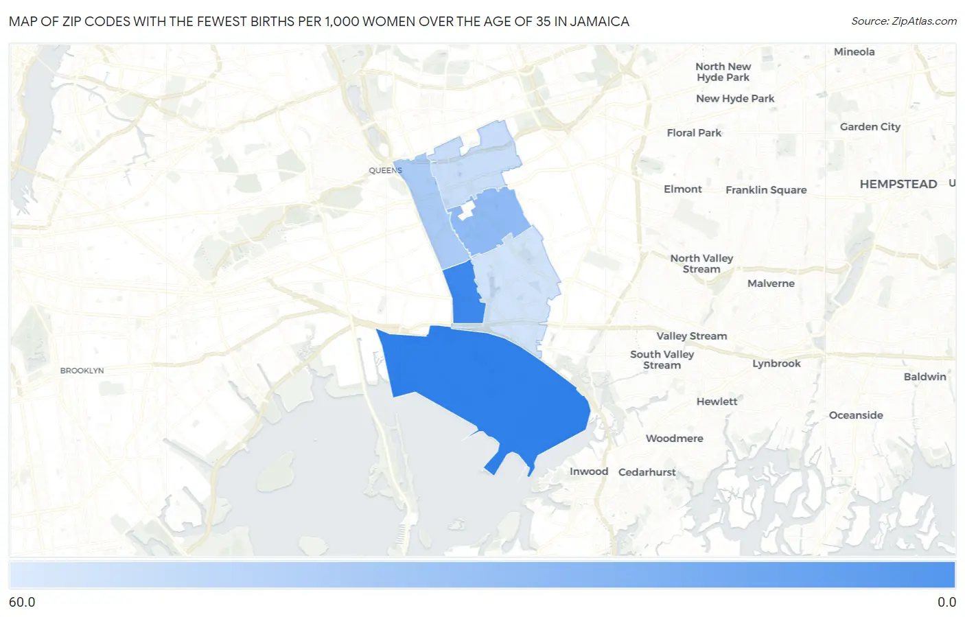 Zip Codes with the Fewest Births per 1,000 Women Over the Age of 35 in Jamaica Map